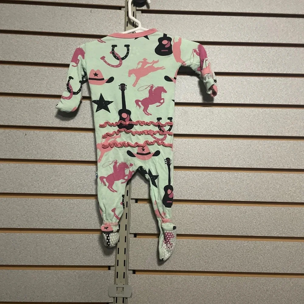 Kickee Pants Cowgirl Western Print Bamboo Ruffle‎ Footie Sleeper Mint Pink 0-3M